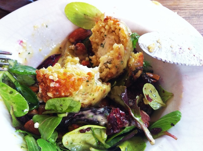 Seasonal Salad with Ricotta Quinoa Fritters, cranberries and almonds